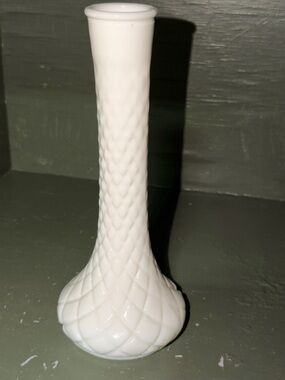 Vtg. White Milk Glass 9" Bud Vase, Scalloped Edge White Quilted